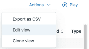 Zendesk view export interface showing the Actions menu with the Export as CSV option