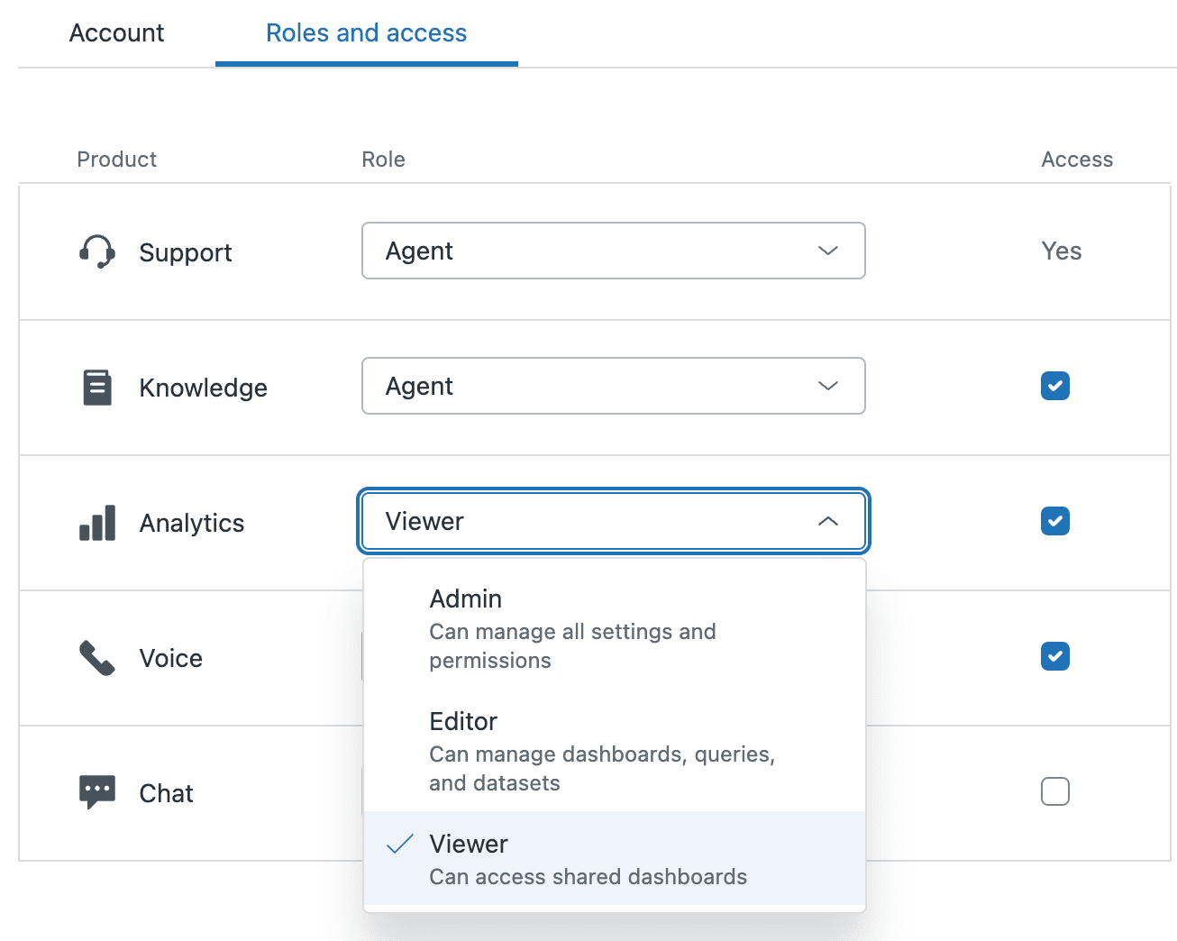 Admin Center roles and access management for team members