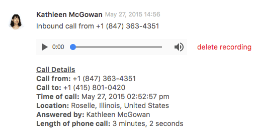 Zendesk voice ticket interface with call details and recording player