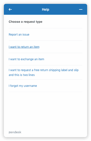 Zendesk's user-facing help widget displaying various request types, which can be configured as part of a pre-chat or pre-ticket form.