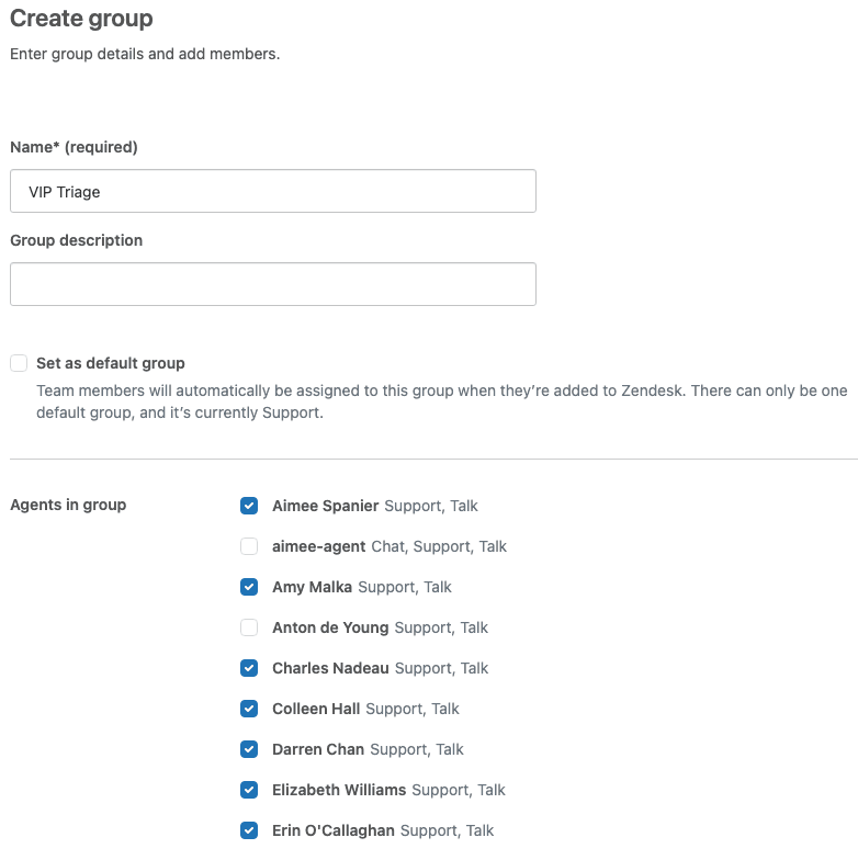 Zendesk's group creation interface, allowing administrators to define new groups and map agents to them.