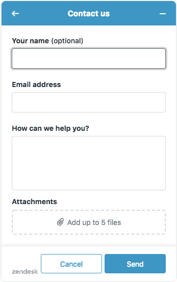 Zendesk-Kontaktformular mit optionalem Namensfeld und Unterstützung für Anhänge