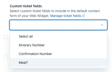 Web Widget settings displaying options to configure custom ticket fields for the contact form.