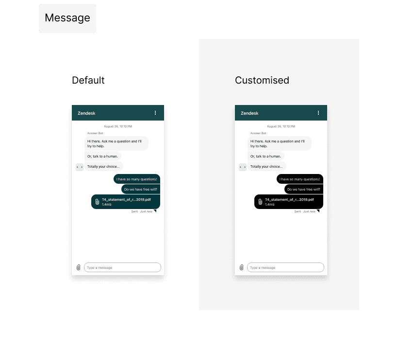 Widget de chat do Zendesk com configurações de cores personalizadas para bolhas de chat