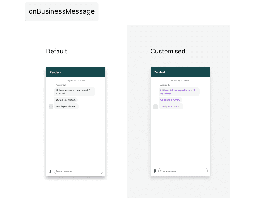 Tela de conversa do SDK do Android com bolhas de mensagem roxas personalizadas