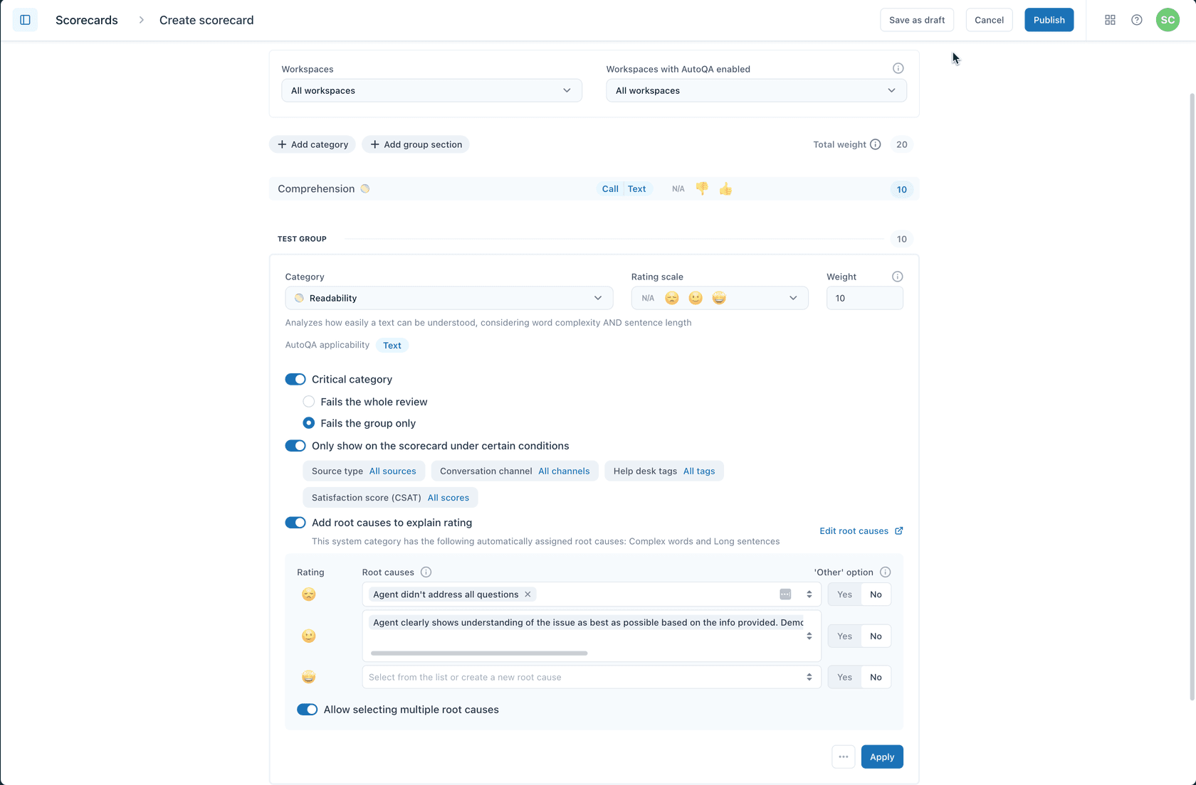 Panel de creación de tarjetas de puntuación de Zendesk con configuración de categoría y escala de calificación
