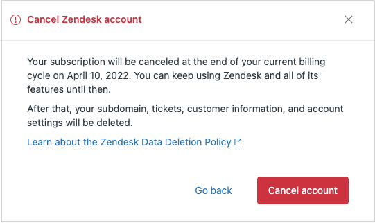 Zendesk's account cancellation confirmation modal, detailing the subscription end date and data deletion.