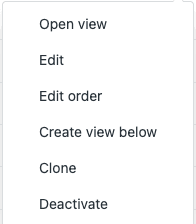 The view management dropdown menu, offering options to create, edit, and open views.