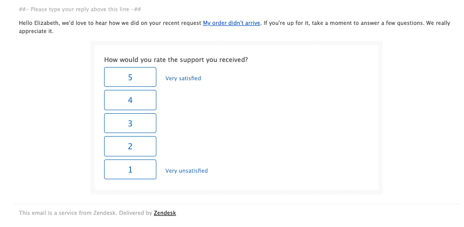 Zendeskの顧客満足度アンケートメール。受けたサポートに対する1〜5の評価スケールが表示されています。
