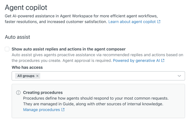 Configuración del Centro de administración de Zendesk para Auto Assist con alternancia de habilitación y controles de acceso al grupo de usuarios