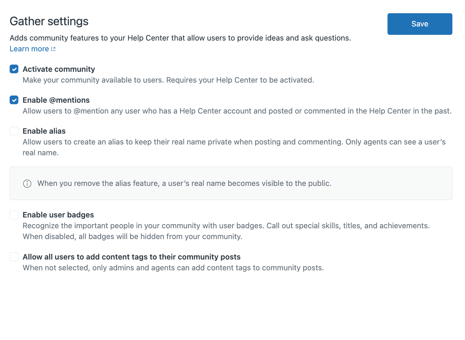 The 'Gather settings' configuration page, showing options for activating community features, managing user interactions like mentions and aliases, and controlling content tagging.