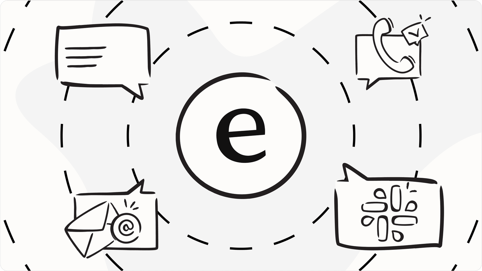 Graphic showing different channels (chat bubble, email, social icon, help center) all pointing to one unified brand voice.