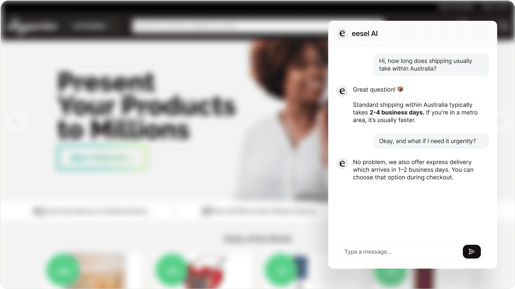 Website chatbox showing an AI chatbot interacting with customer queries.