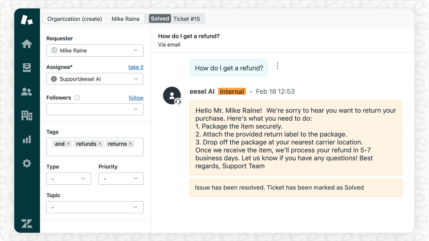 Screenshot of an eesel AI Agent resolving a basic customer question in a chat.