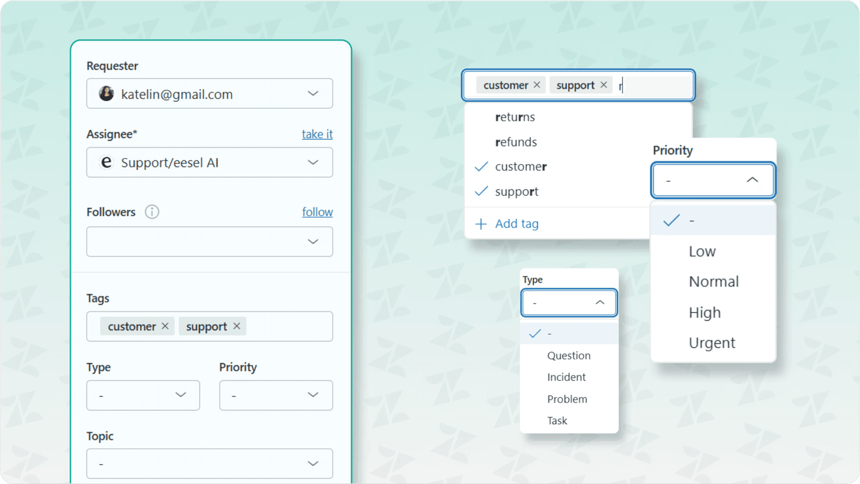 Screenshot showing the setup interface for AI-powered ticket sorting and routing rules.