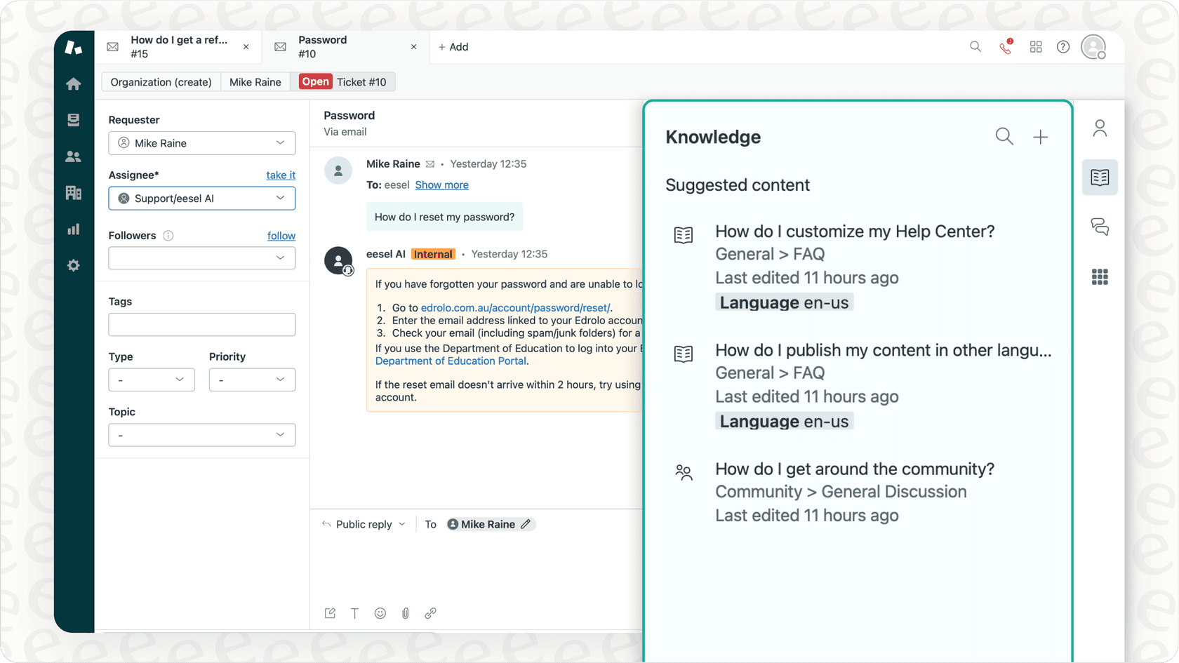 Screenshot of an AI Assistant providing real-time suggestions to a human agent within a helpdesk interface.