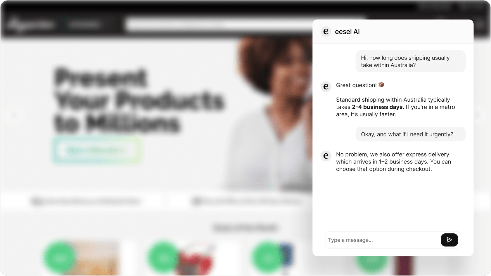 Screenshot of a modern AI-powered chat widget on a website providing self-service support.