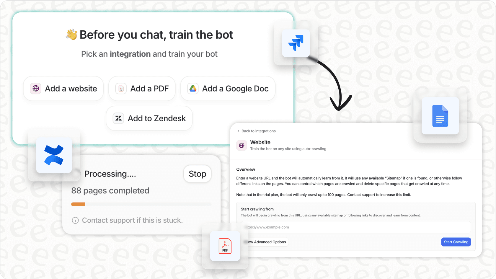 Screenshot of the eesel AI interface for training the AI on multiple knowledge sources.