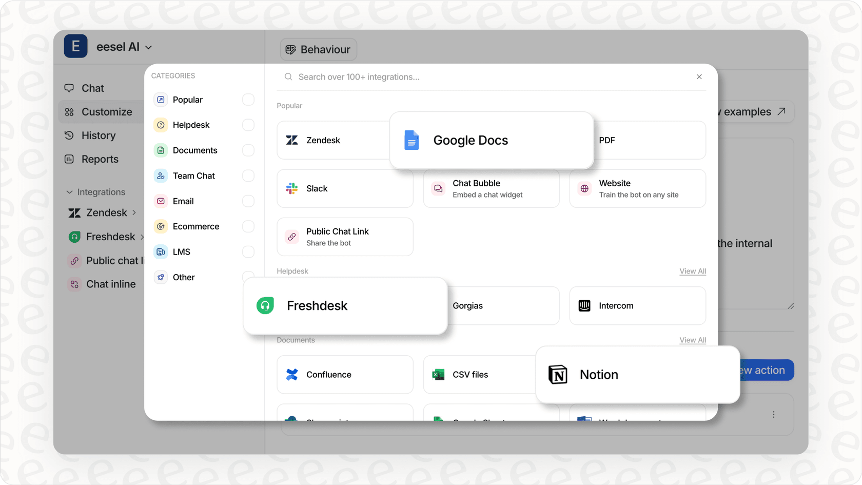 Screenshot of the eesel AI integrations page showing various platforms it connects with.