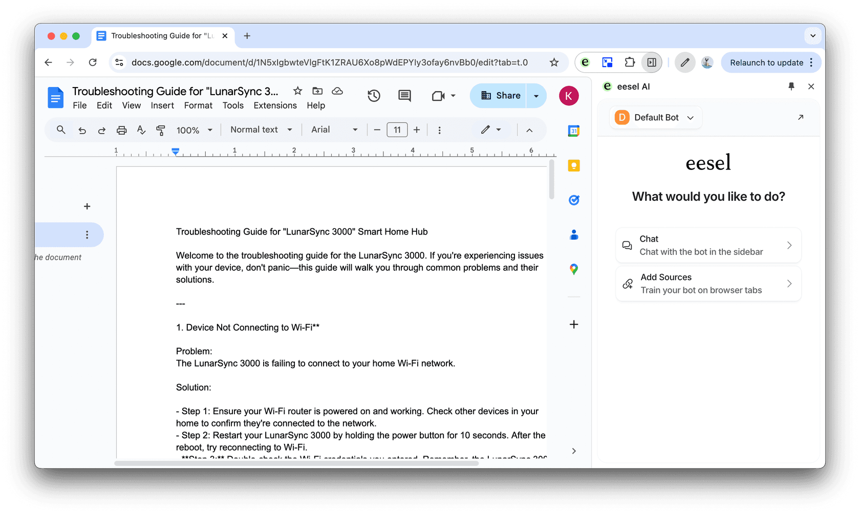 eesel AI extension with Google Doc page open and ready for uploading