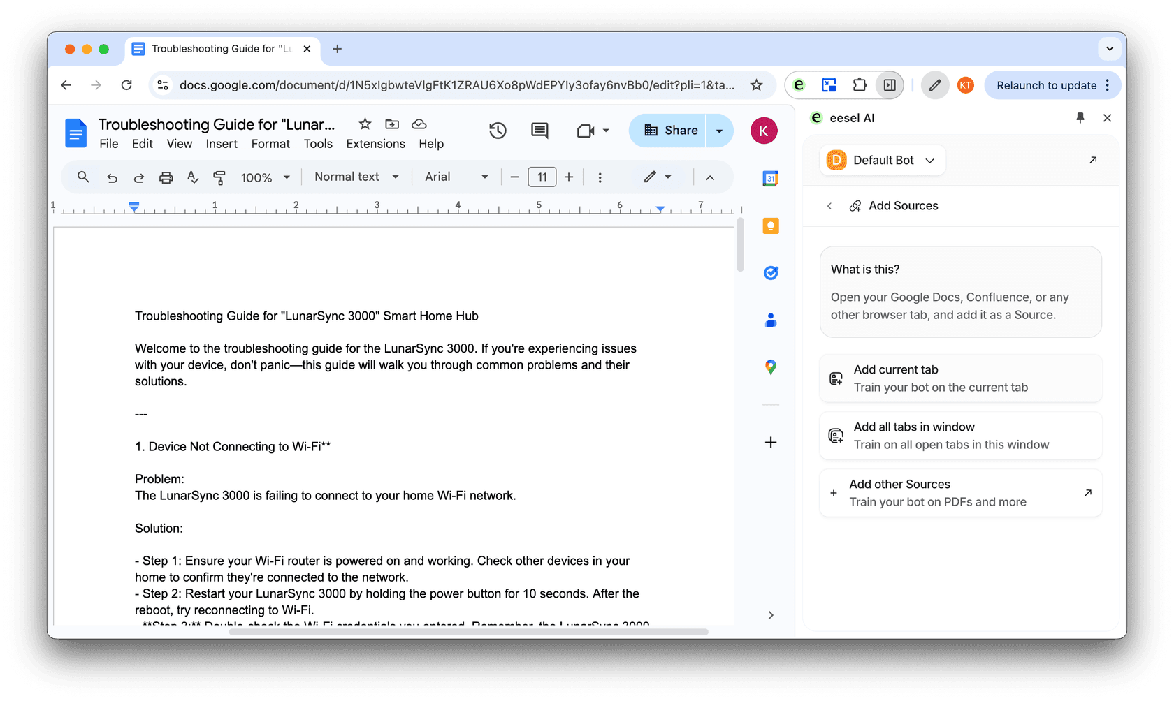 eesel AI extension adding source to a bot using google docs tab