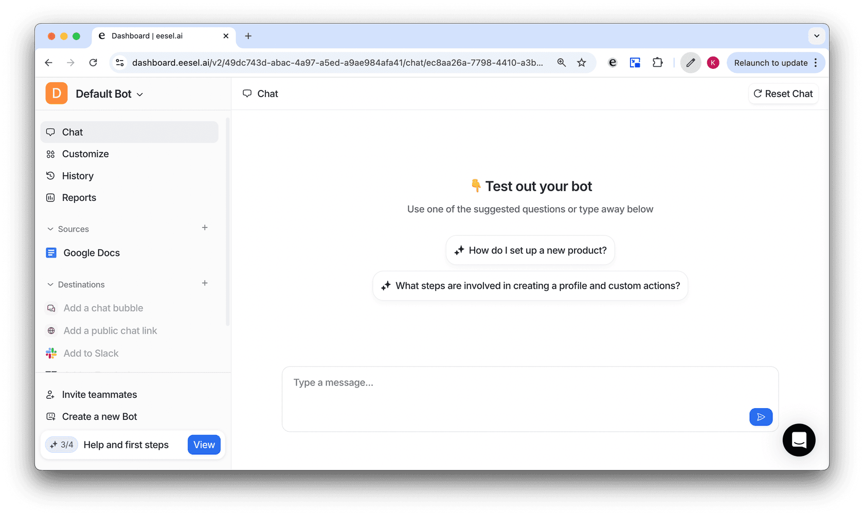 Screenshot of the dashboard showcasing testing the AI bot