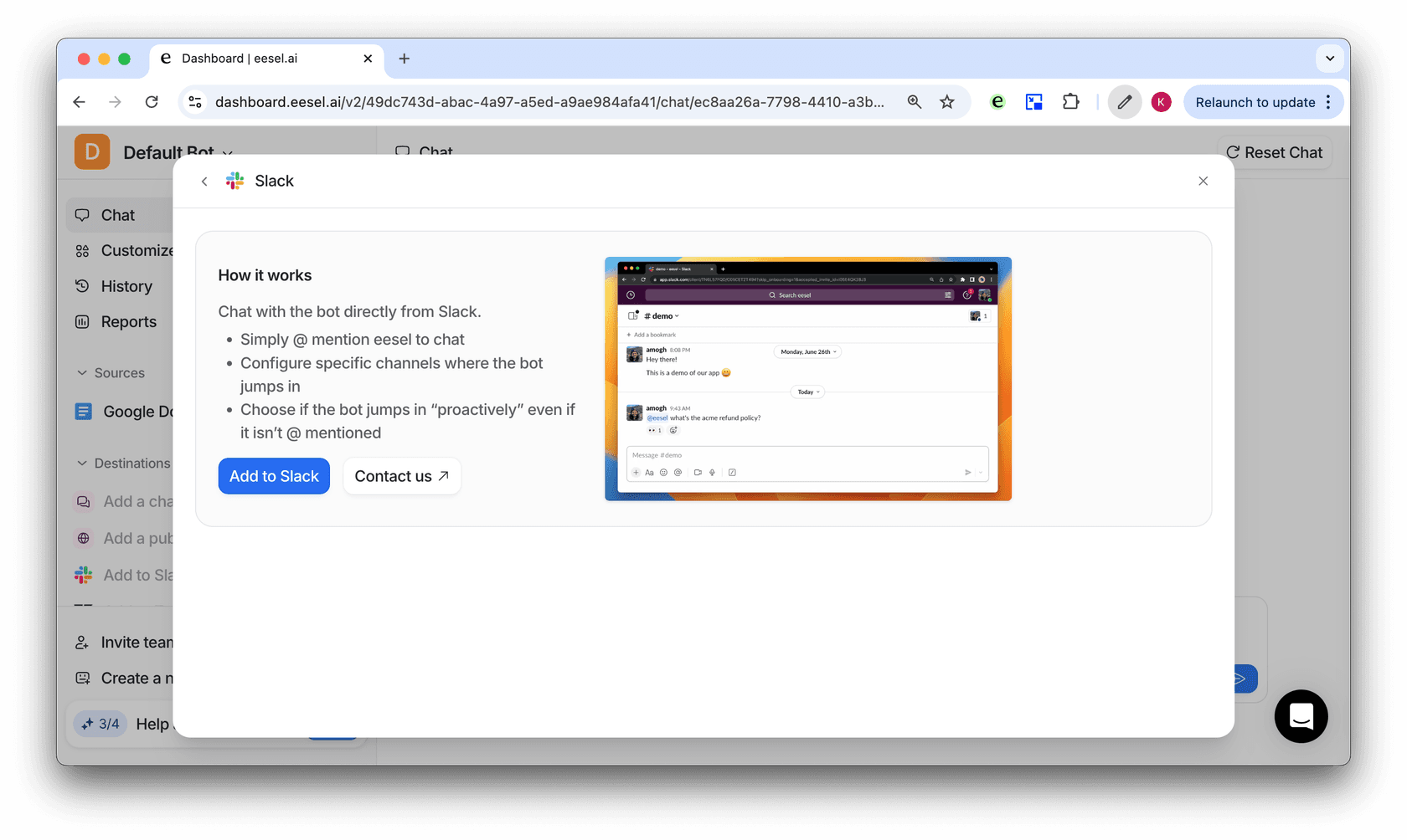 Screenshot eesel dashboard showing enabling AI in Slack