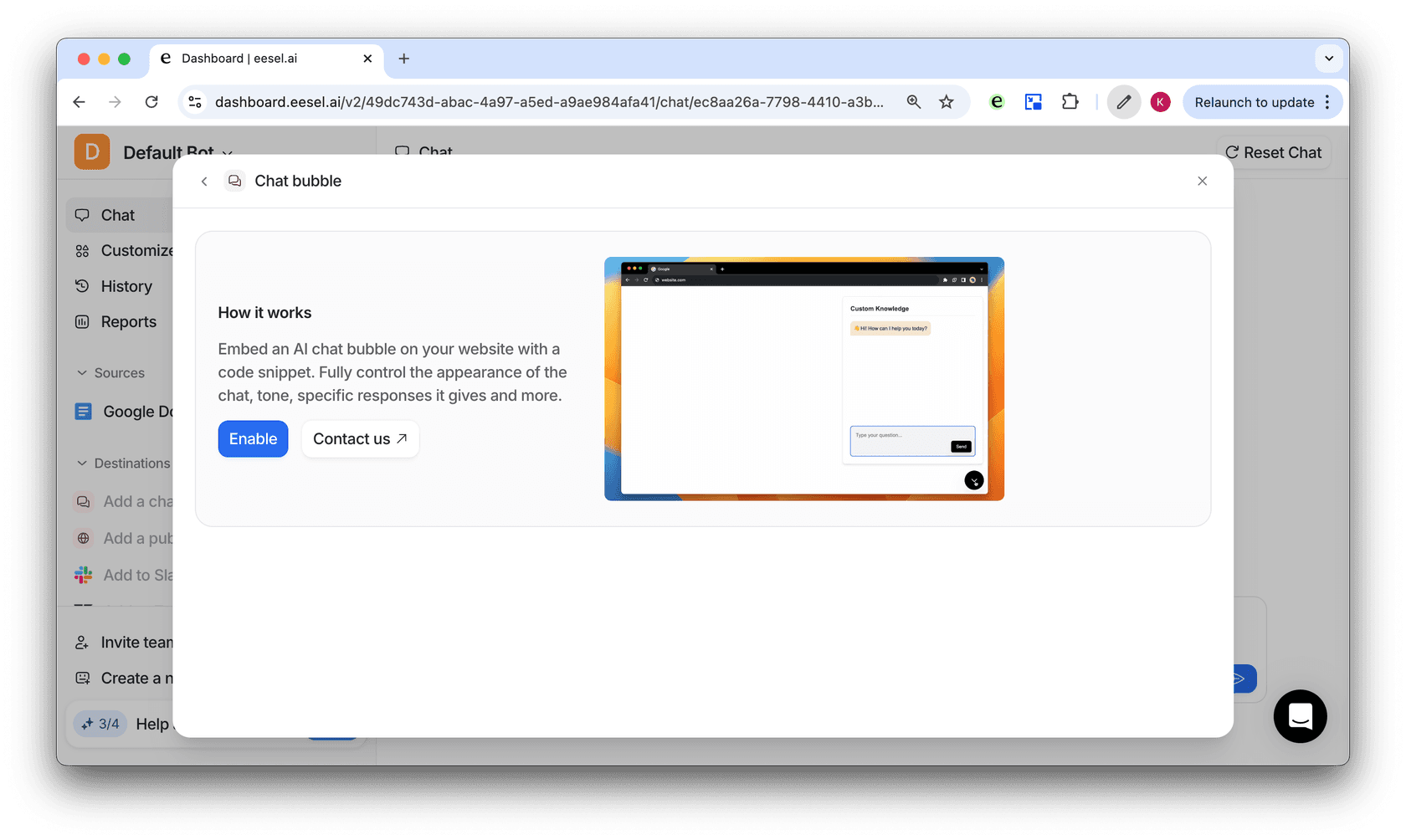 Screenshot of dashboard adding AI as a chat bubble to your site