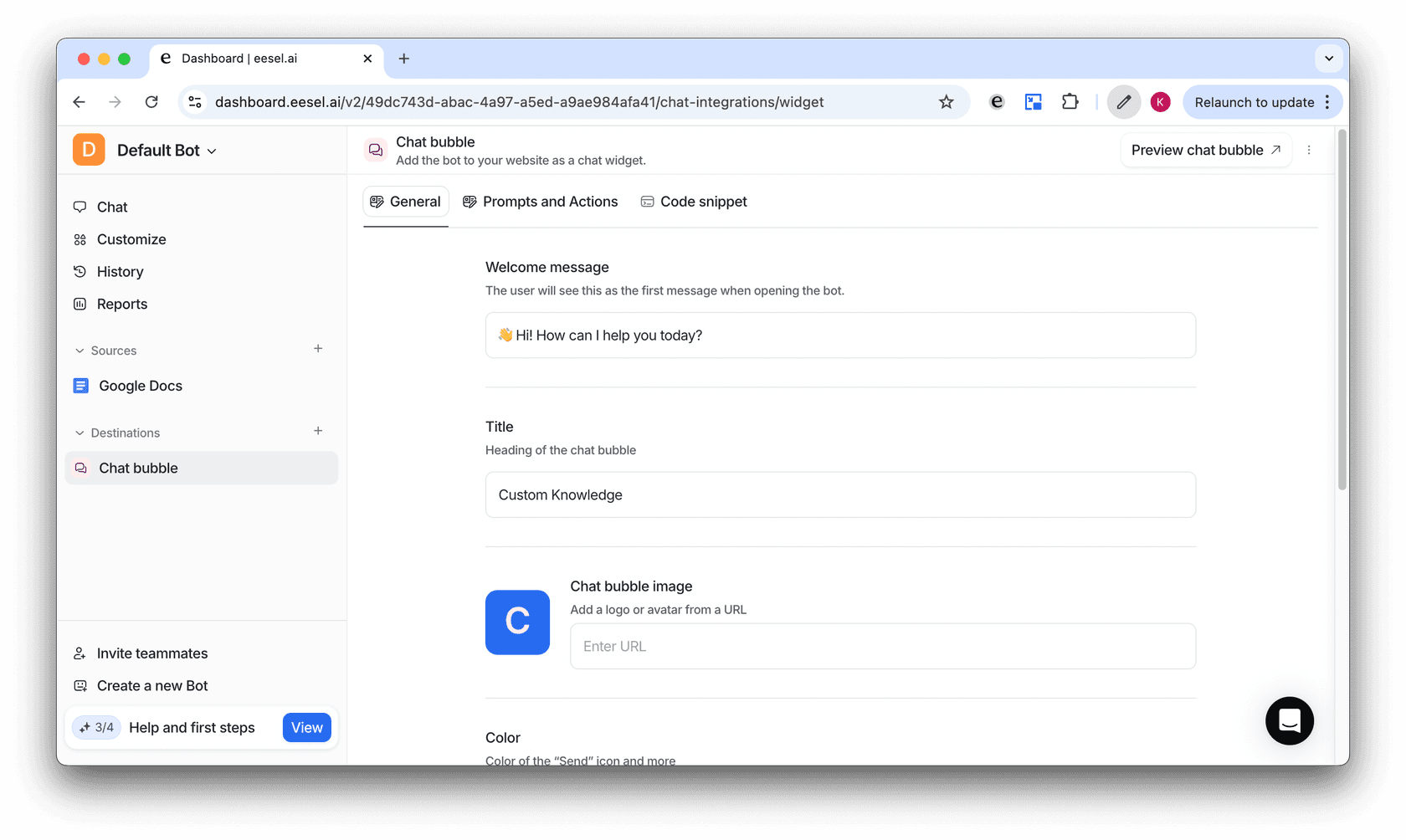Screenshot of the General tab to customize some of your chat bubble AI settings