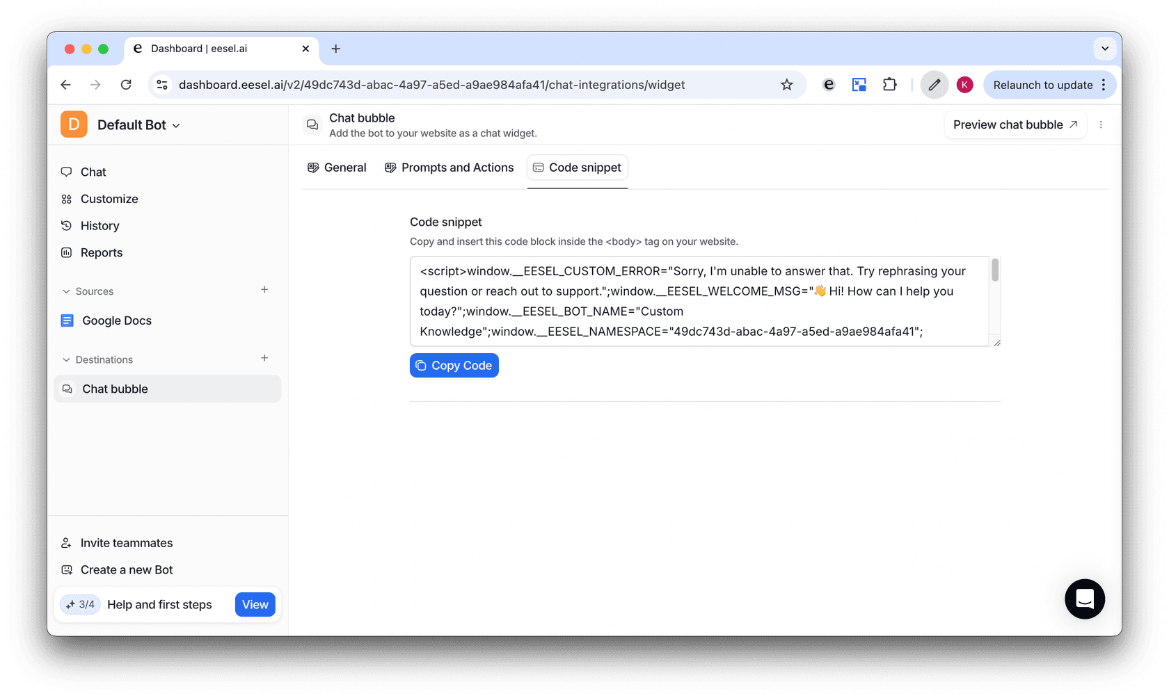 Screenshot of eesel AI dashboard showing code snipper to add your chat bubble AI to your website