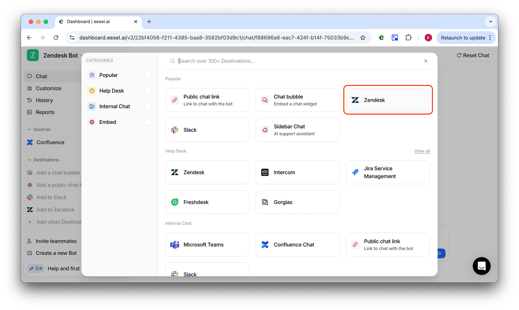 screenshot of user selecting zendesk integration option for chatgpt