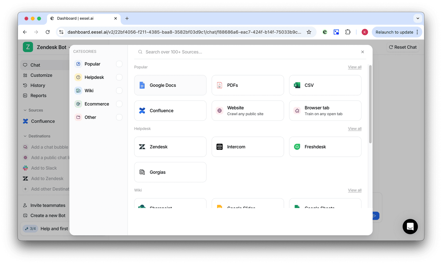 screenshot of the eesel dash menu to integrate zendesk