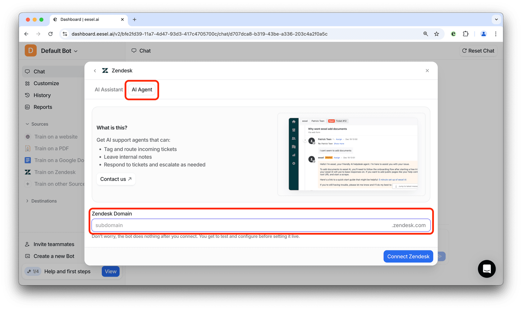 a screenshot of the tab allowing the user to crawl zendesk for your agent training