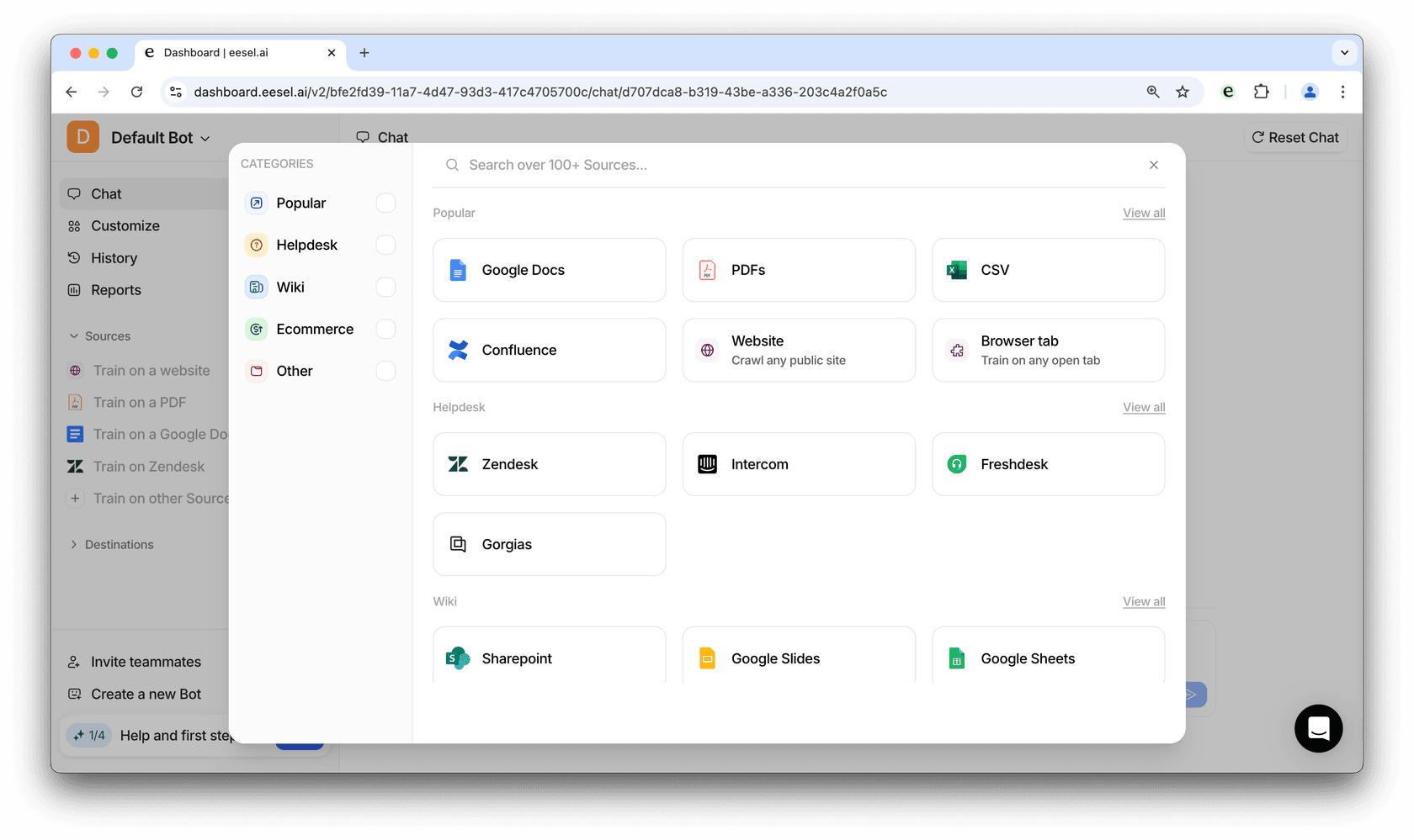 Screenshot of the AI bot source selection