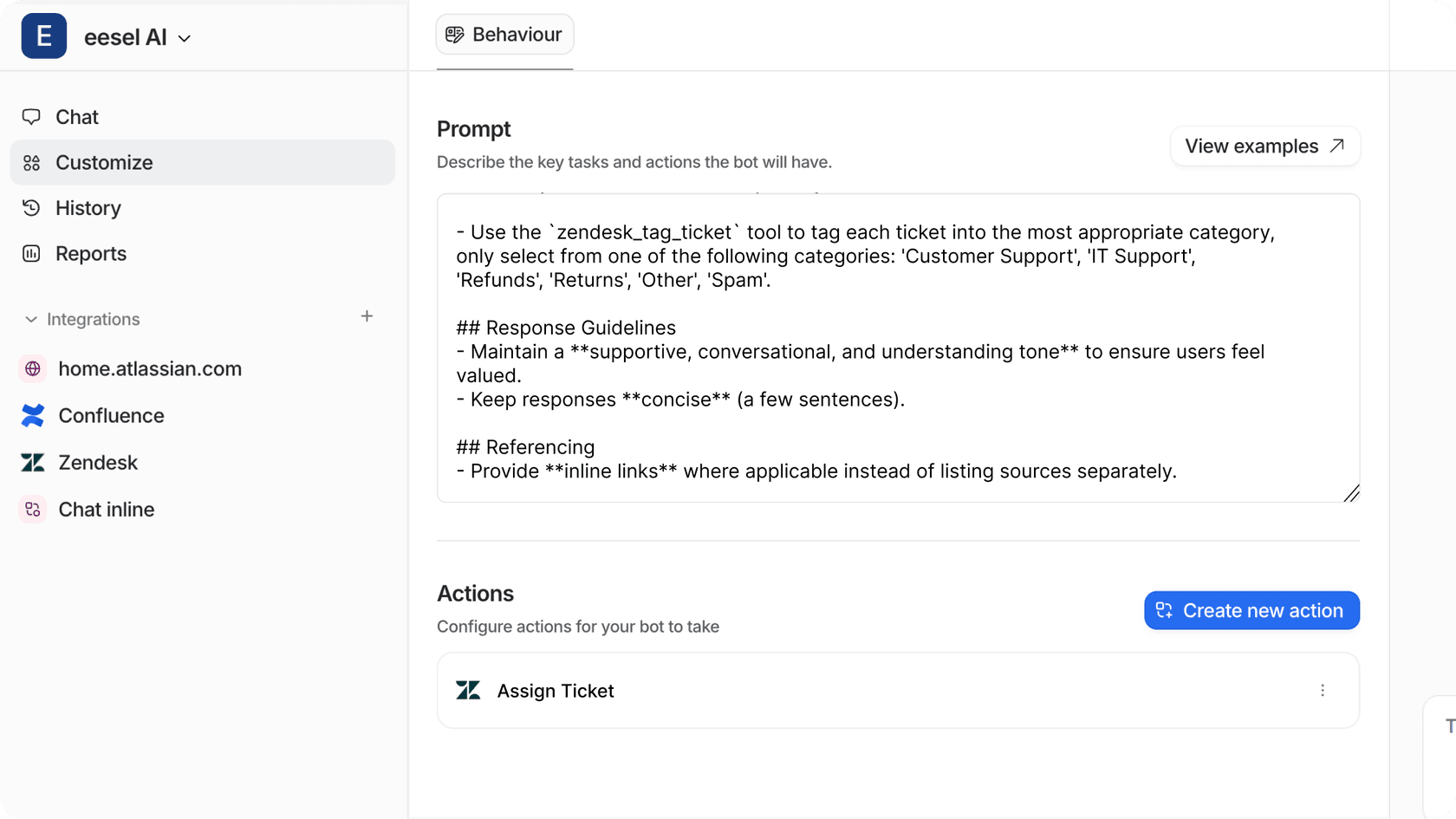Screenshot of the customize tab of the eesel dashboard to customize intercom ai assistant