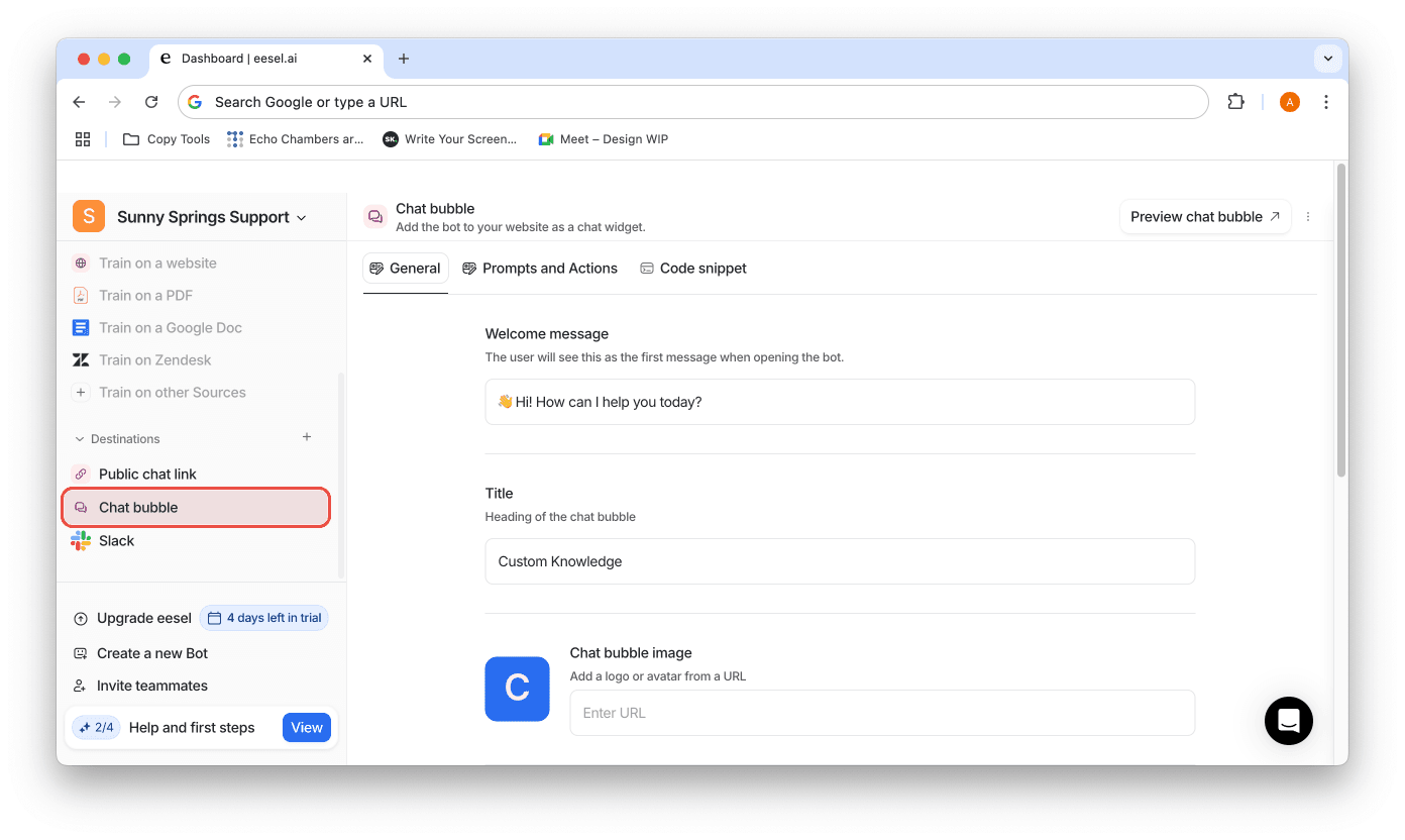 screenshot of chat bubble customization page eesel AI for zendesk