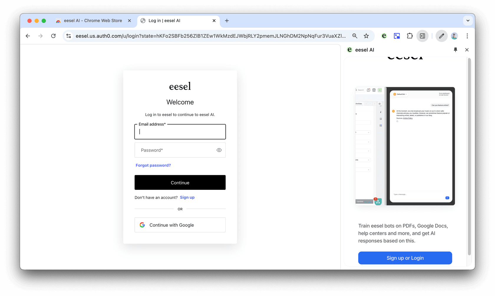 Showcasing the eesel AI sign up page and extension