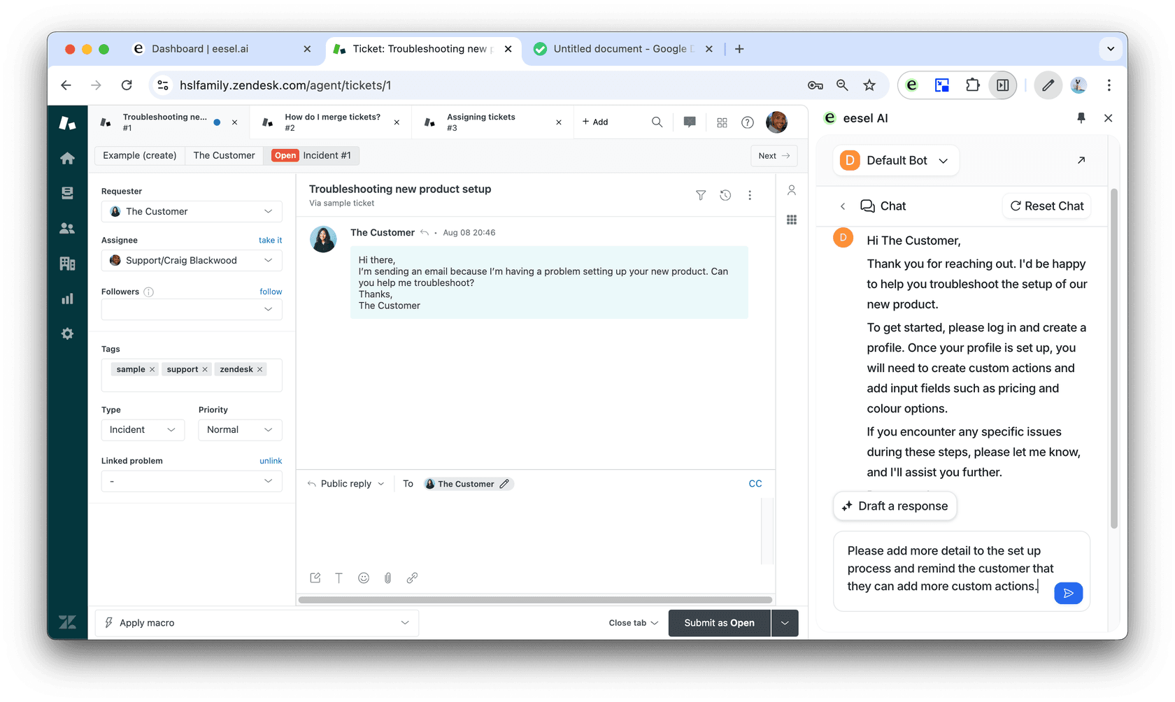 Screenshot showcasing eesel AI extension reply drafted