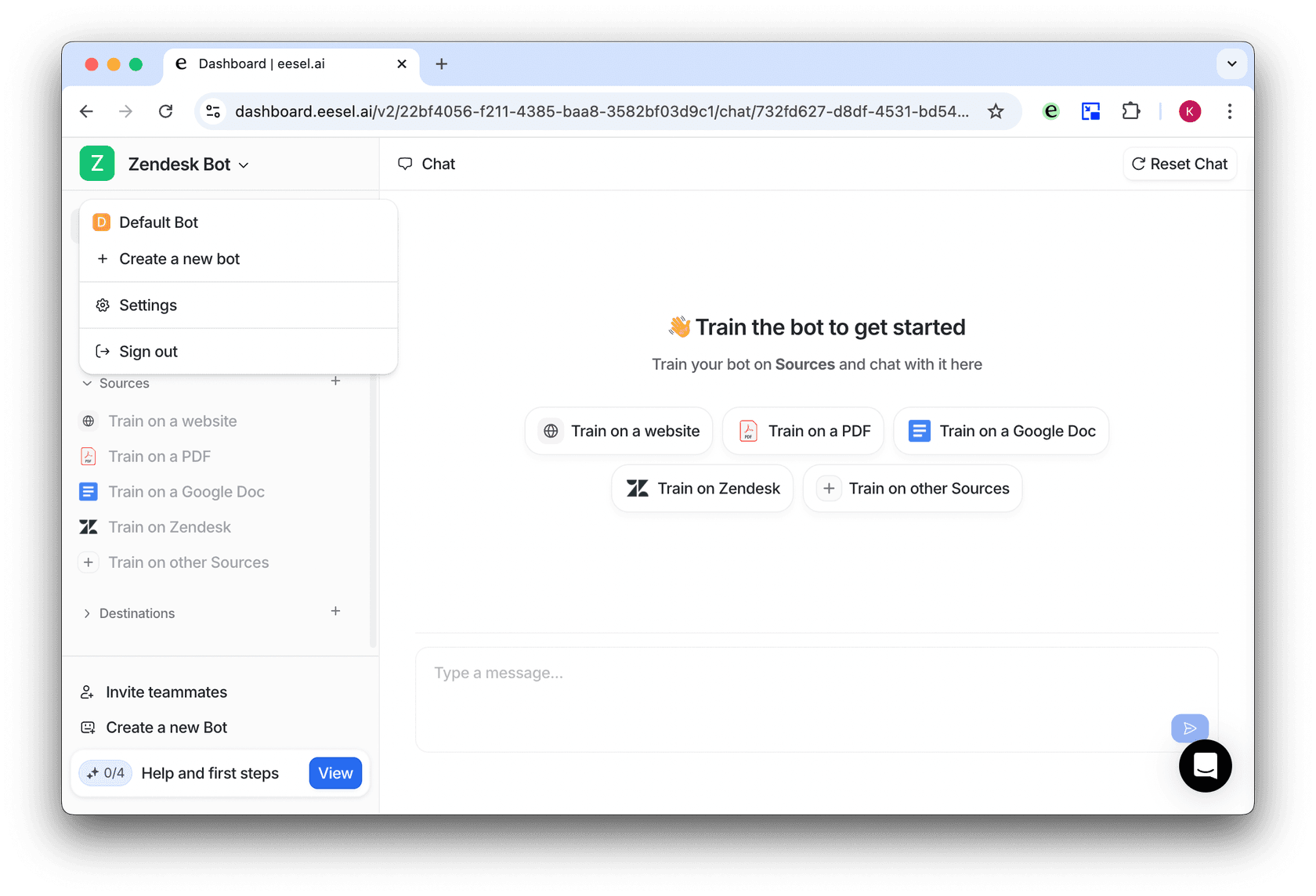 Image of eesel dashboard selecting a Zendesk AI bot