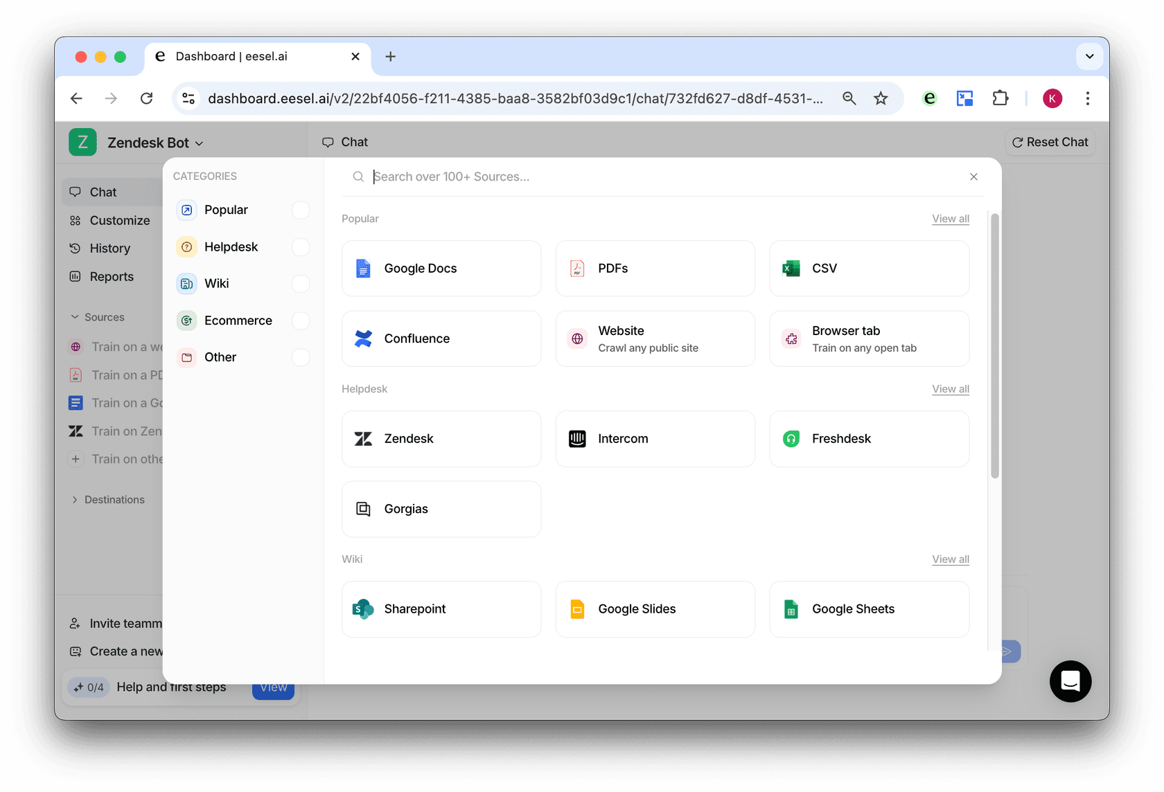 Source menu of the eesel dashboard for selecting where to get info from for the zendesk bot