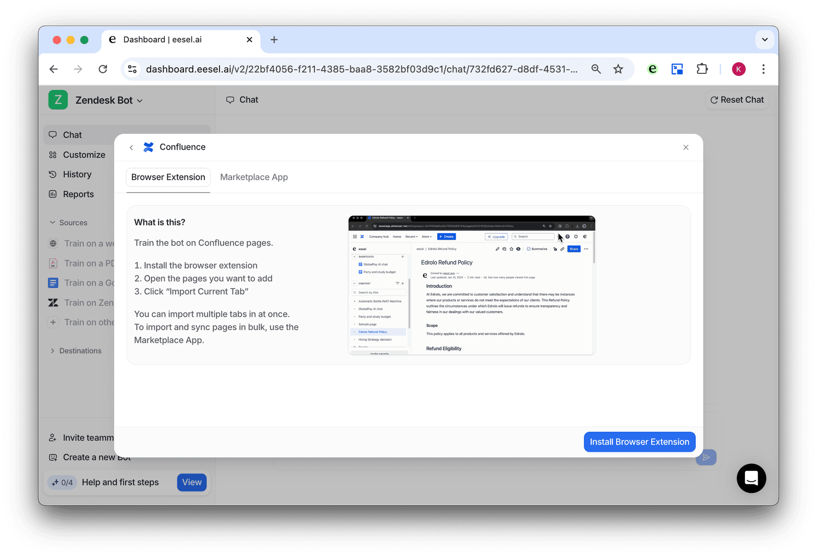 The Confluence page of the Source menu showing the extension button and instructions to connect Confluence with AI