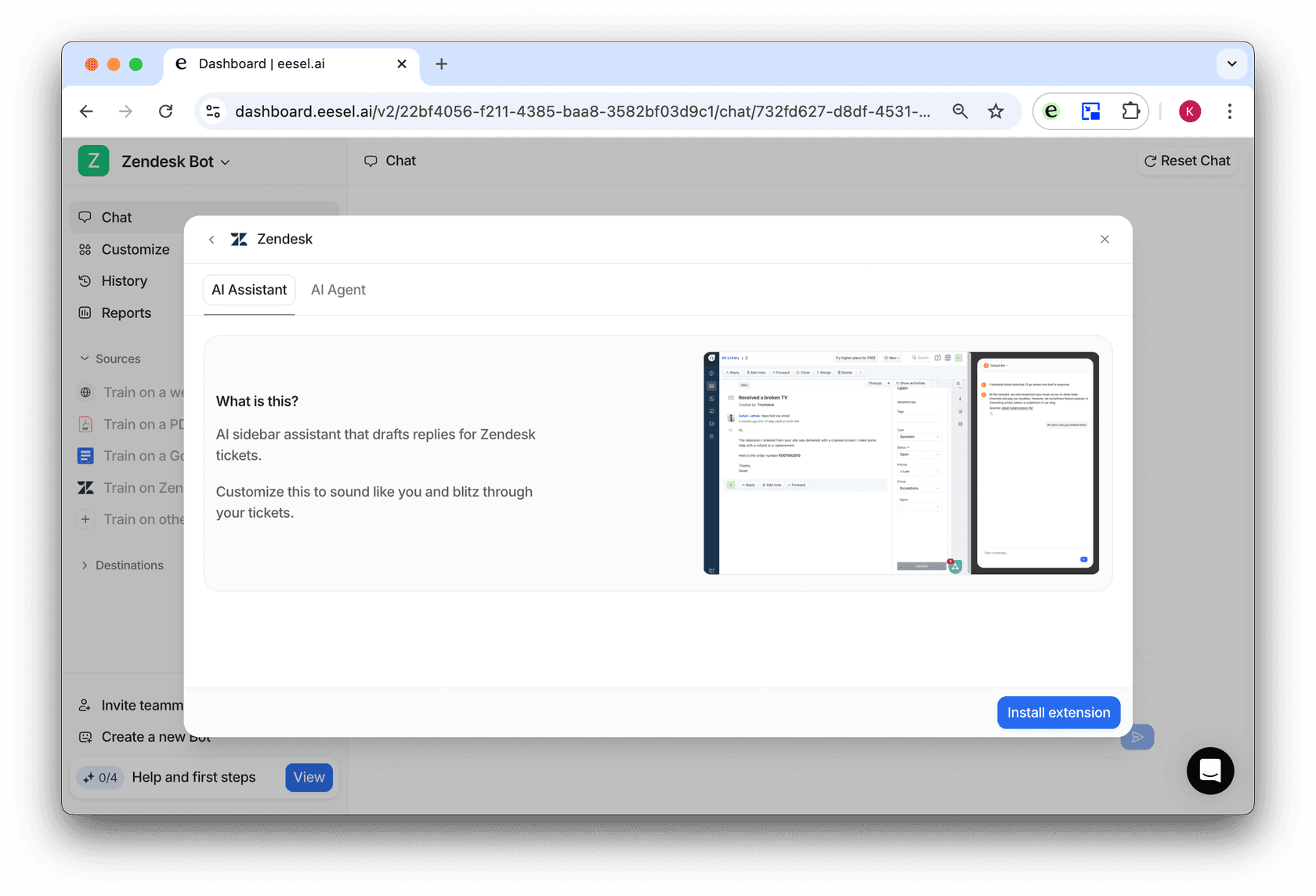 image showing the zendesk destination page instructions for adding AI to Zendesk
