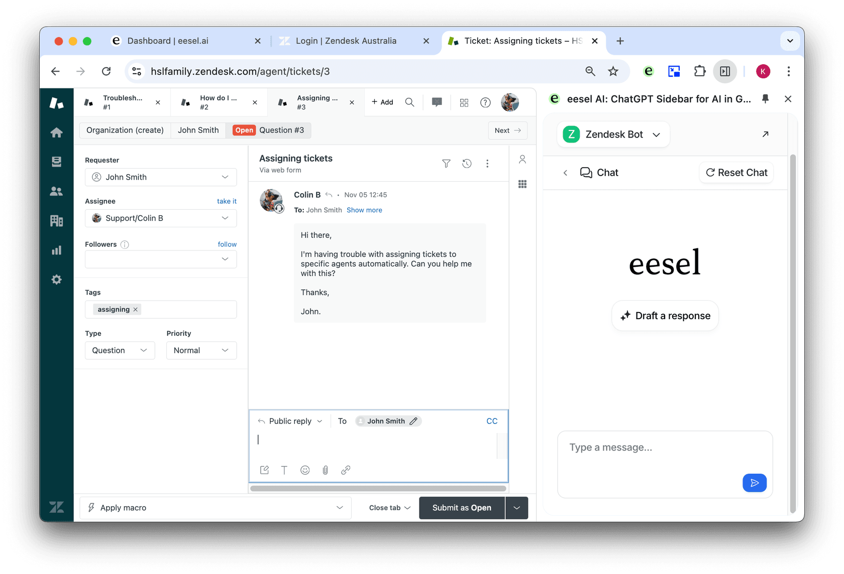 Image of the extension drafting an AI response to a Zendesk ticket