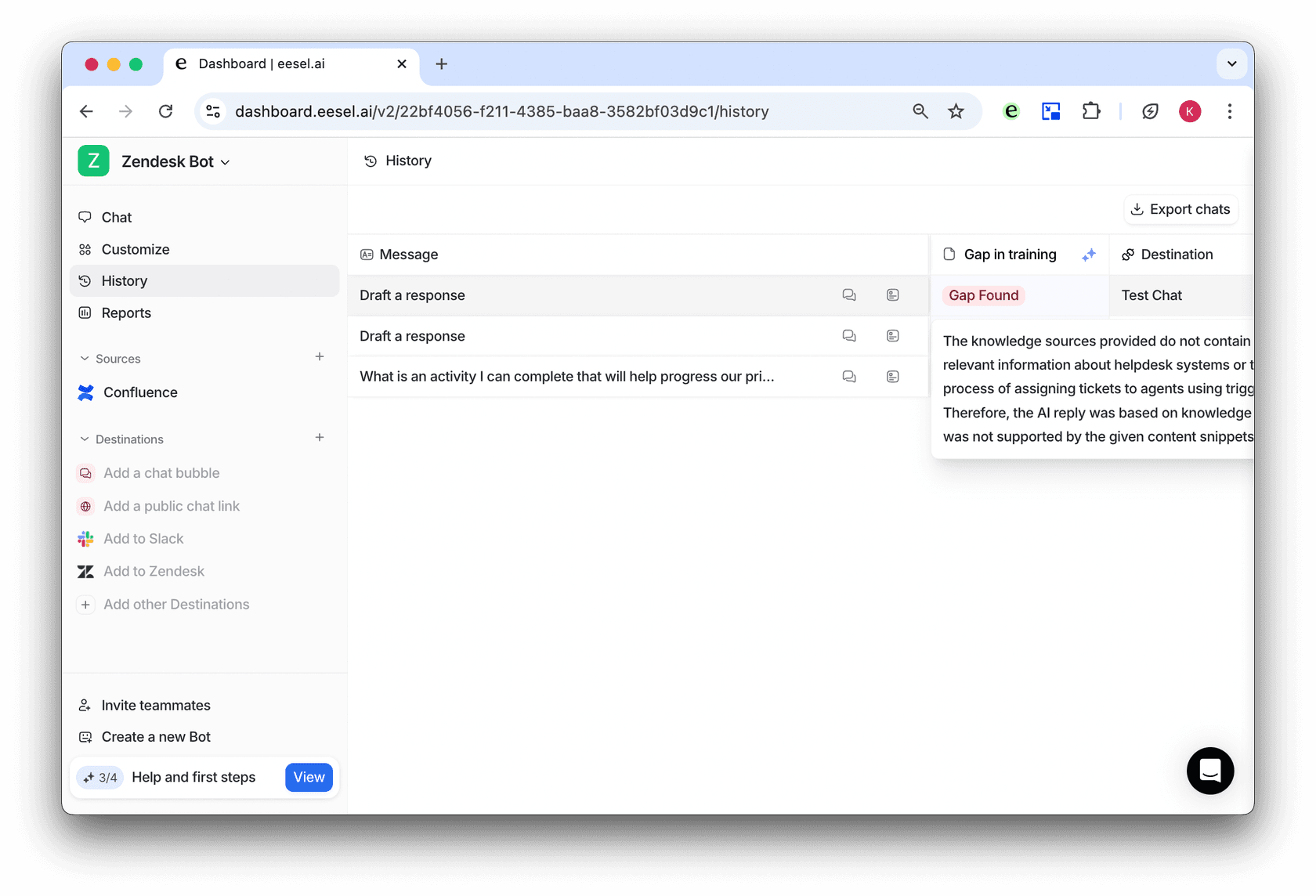 Zendesk AI bot gaps in replies report