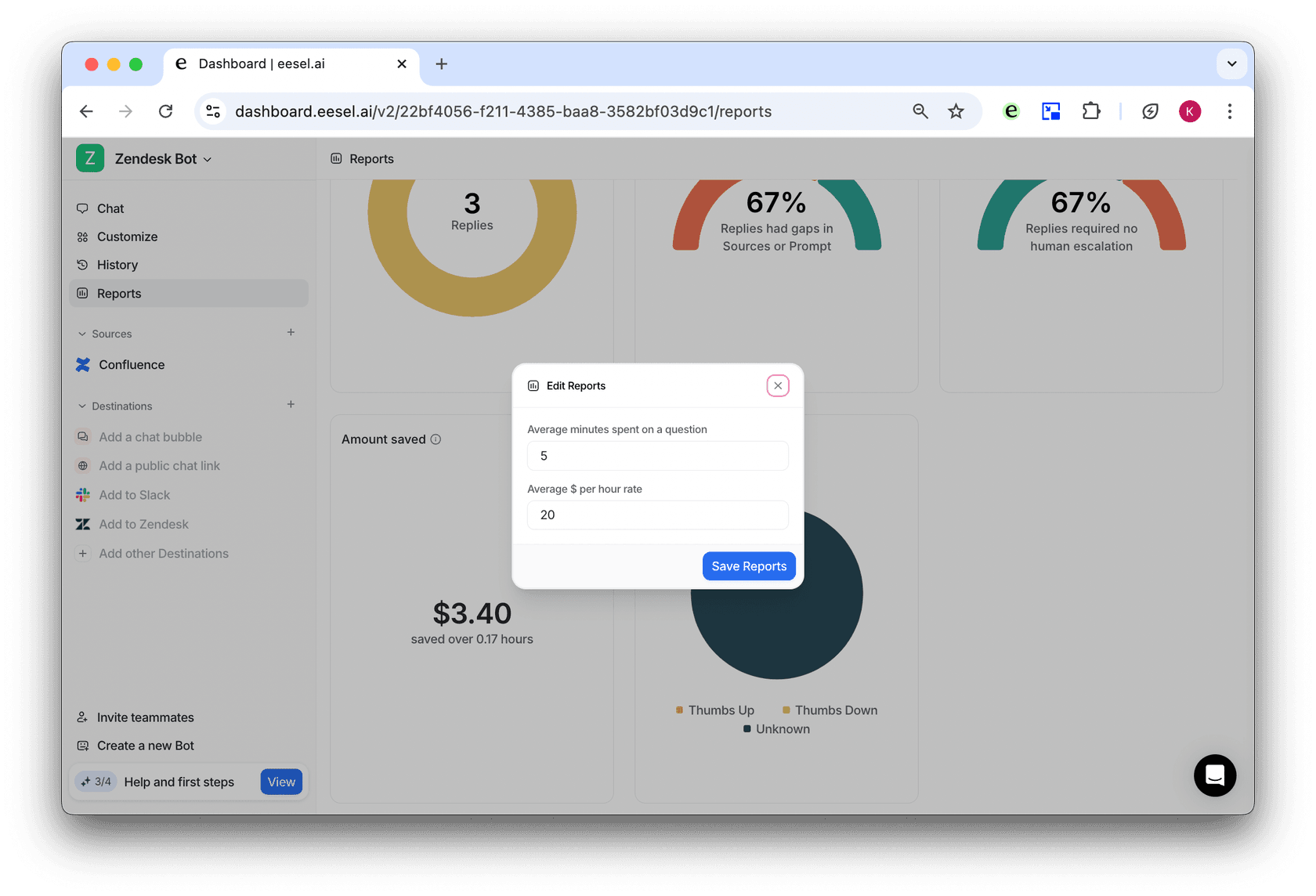 Zendesk AI ROI calculator in eesel dashboard for reporting tab