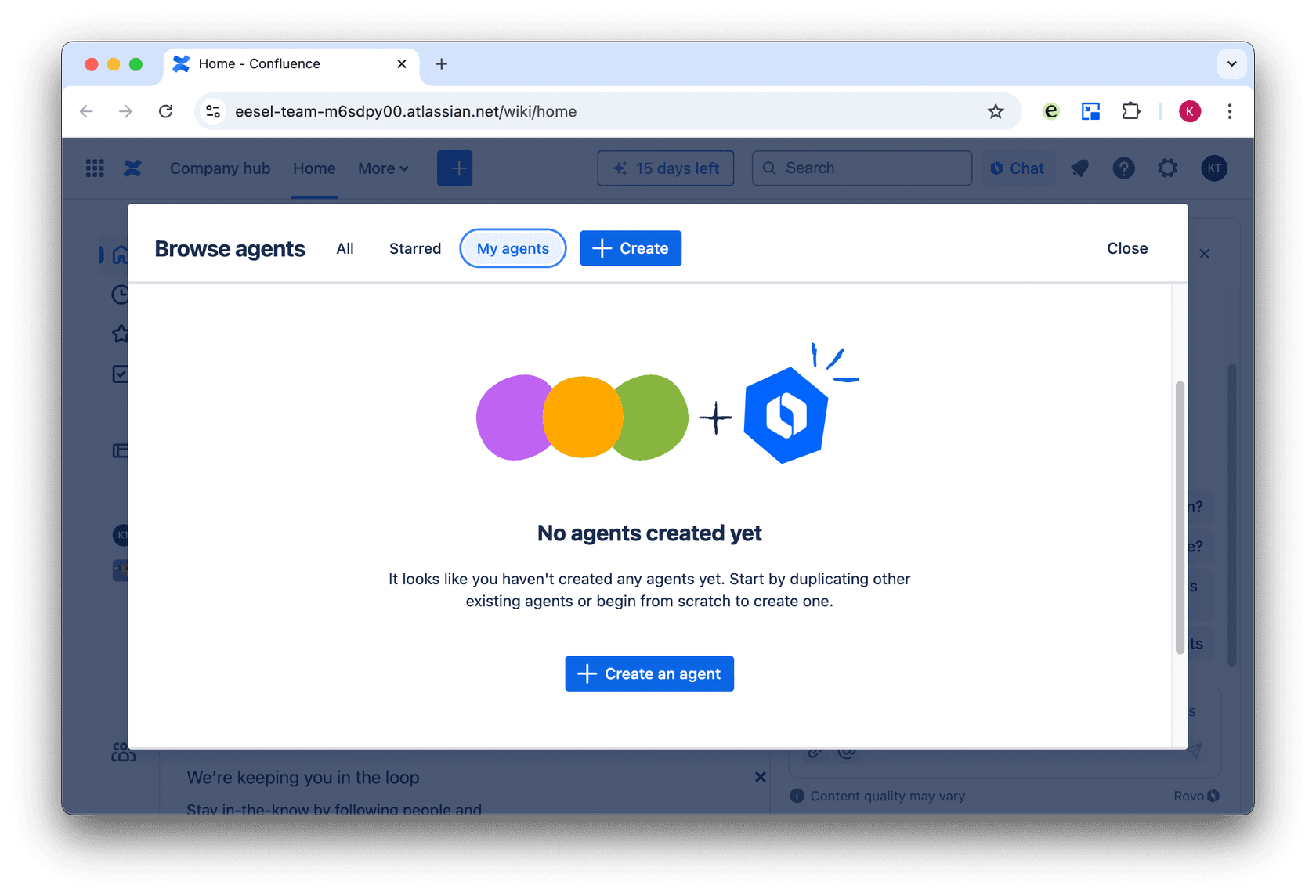Confluence dashboard creating an AI rovo agent