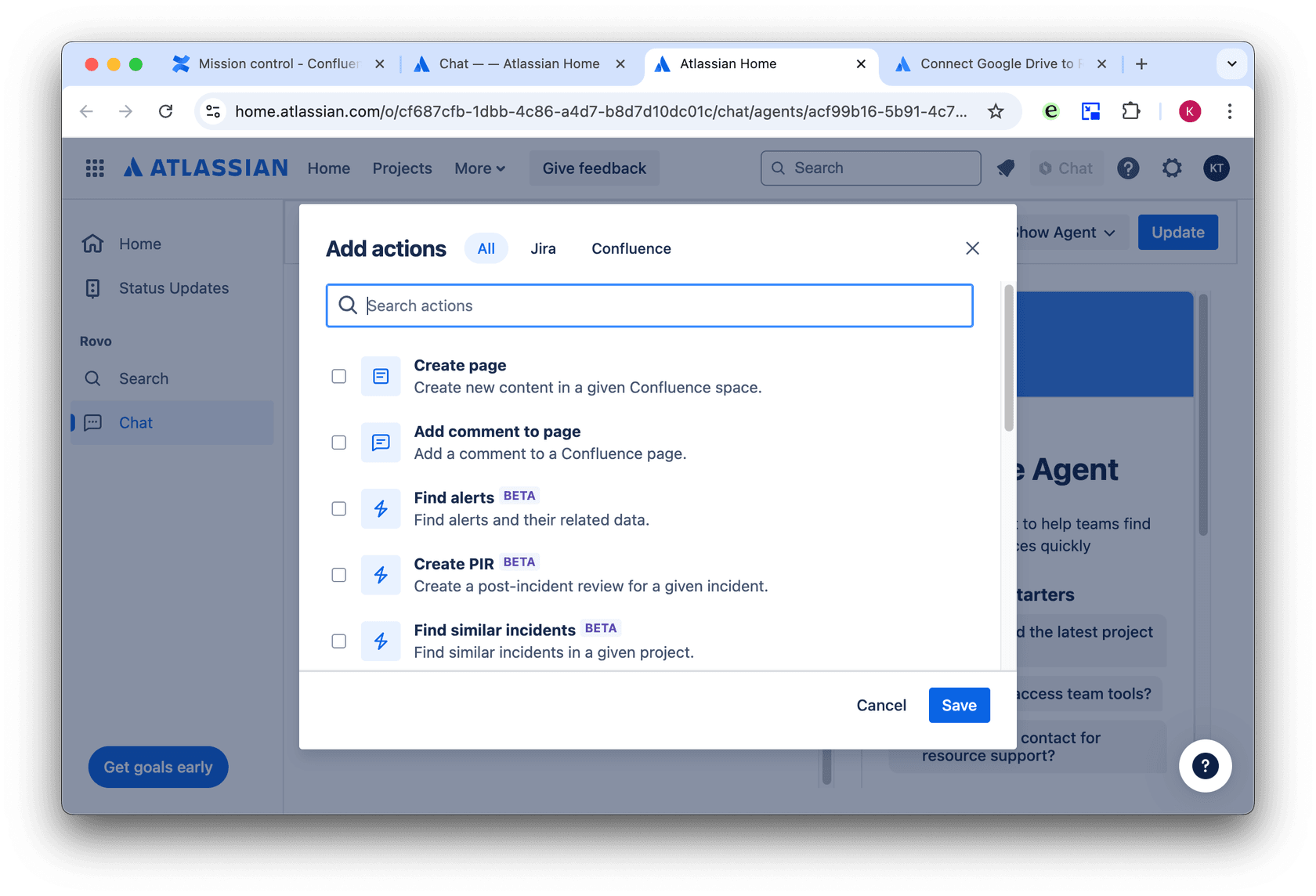 screenshot of confluence rovo actions screen to set up ai actions in confluence