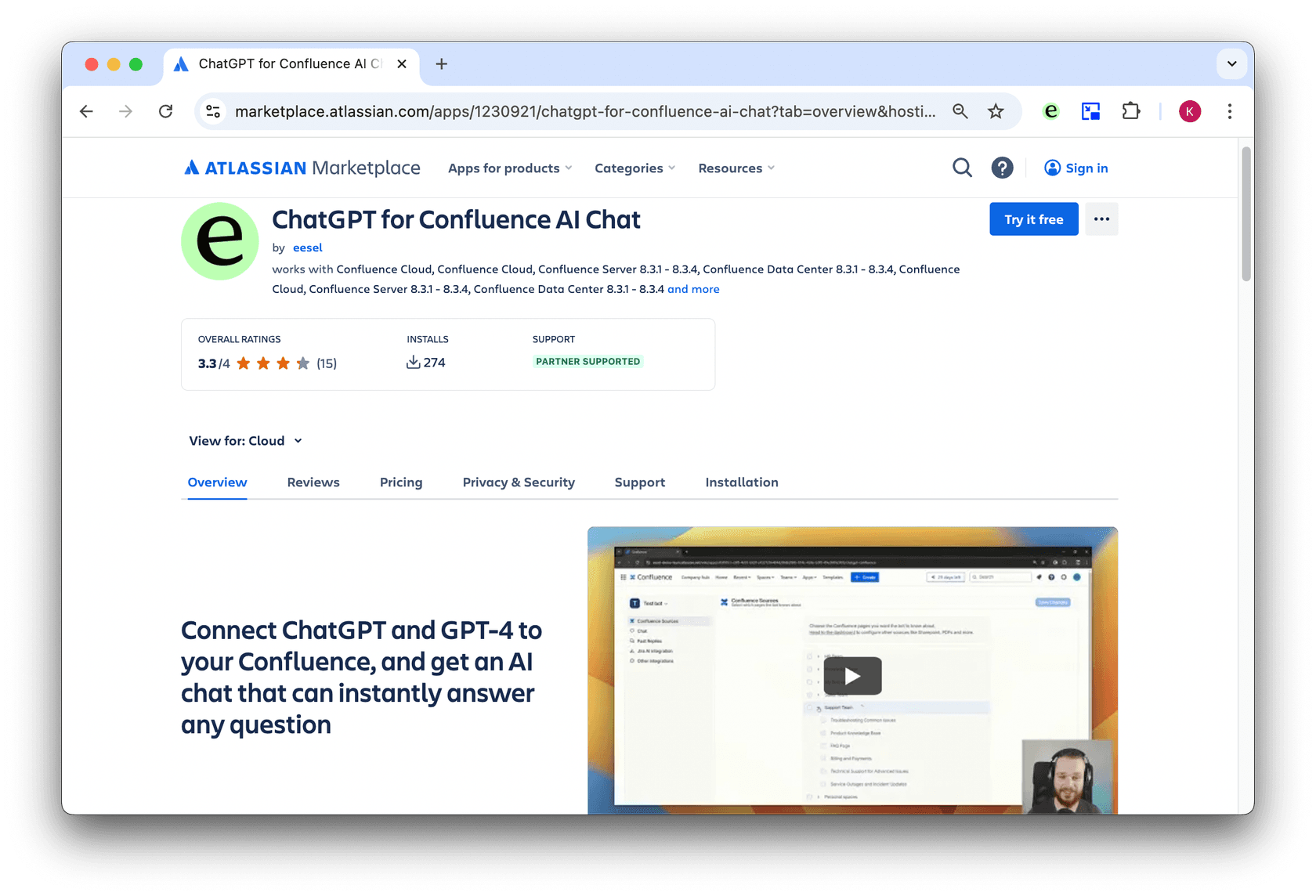 screenshot of the eesel AI app on the Confluence marketplace