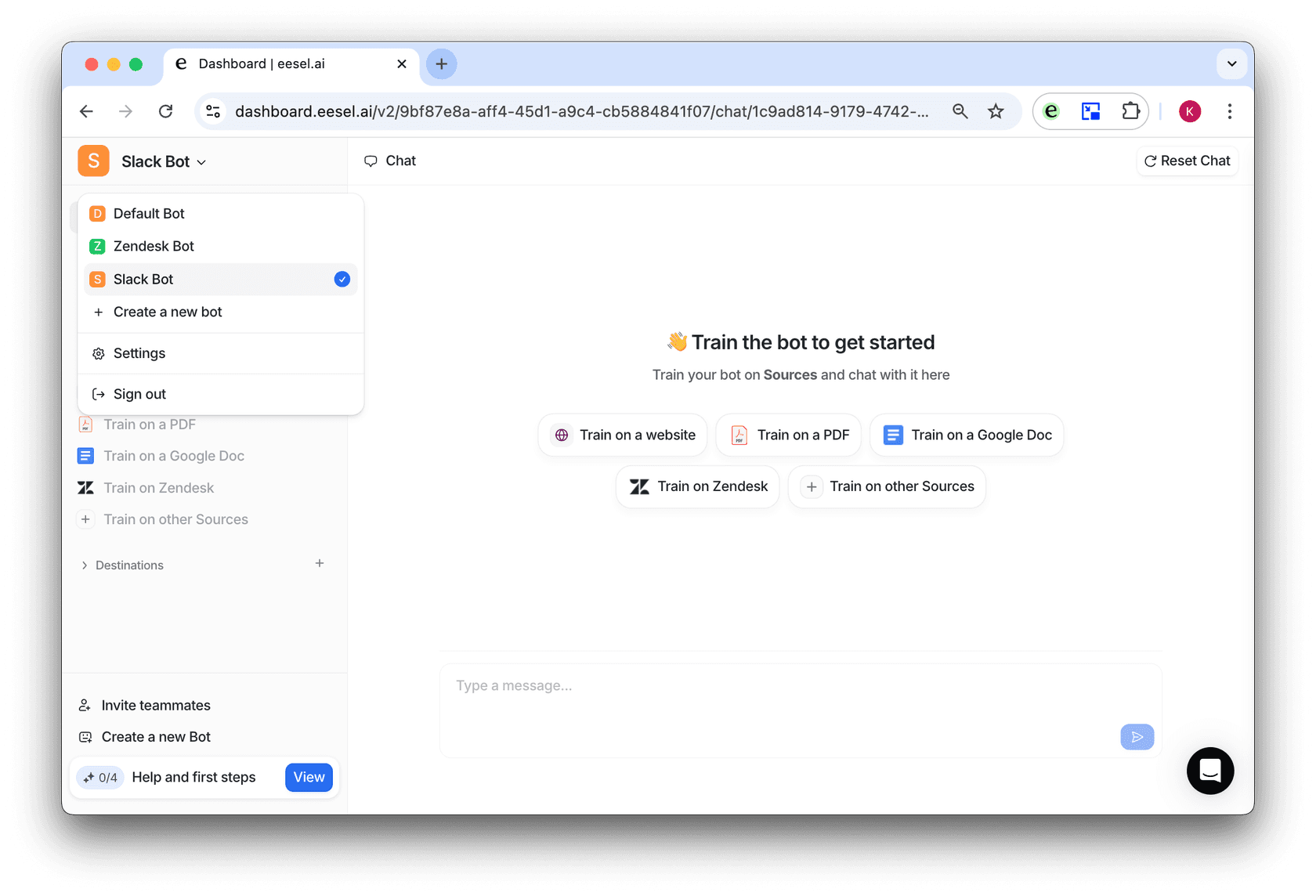 screenshot of dashboard showing bots to train with google docs