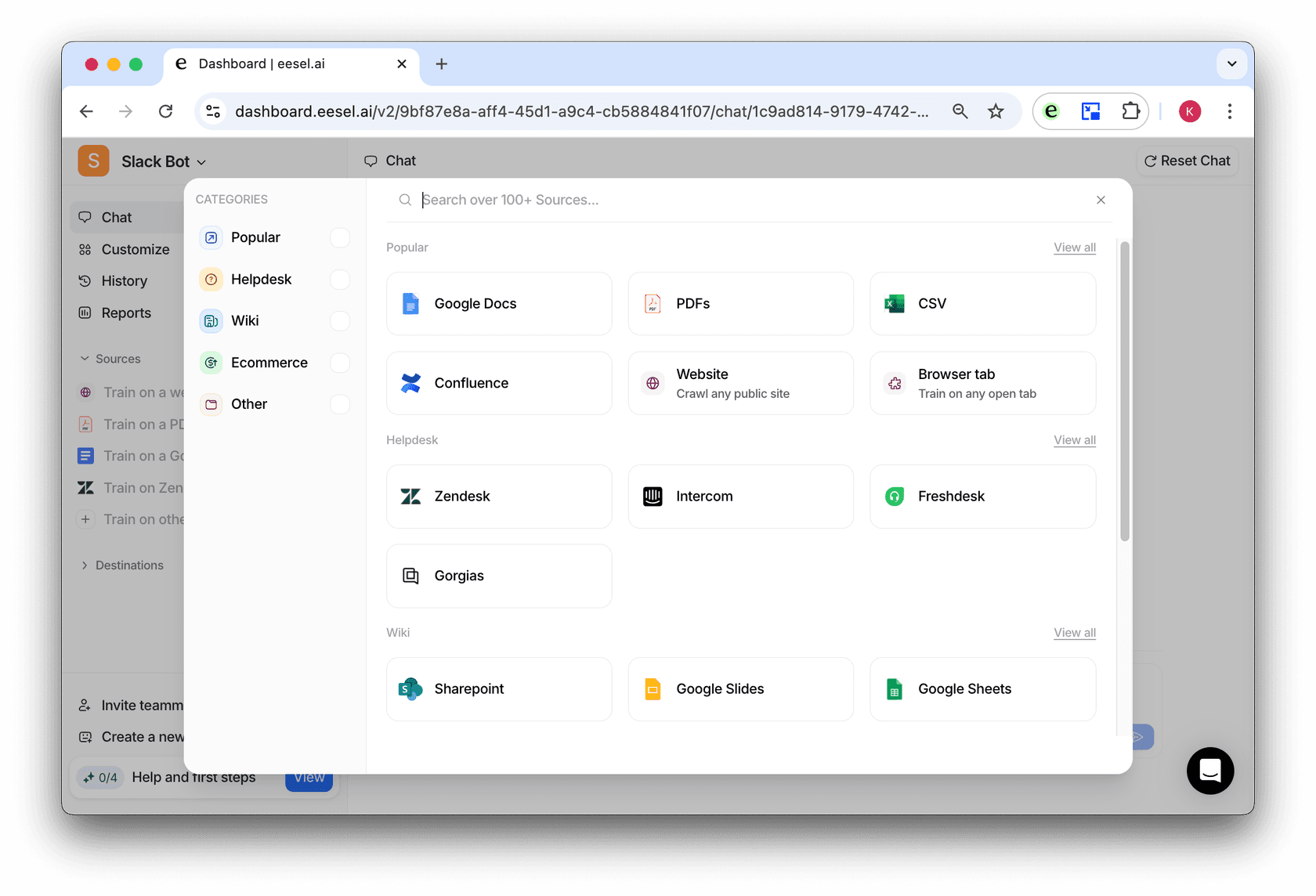 Source menu for the AI bot to train on google docs
